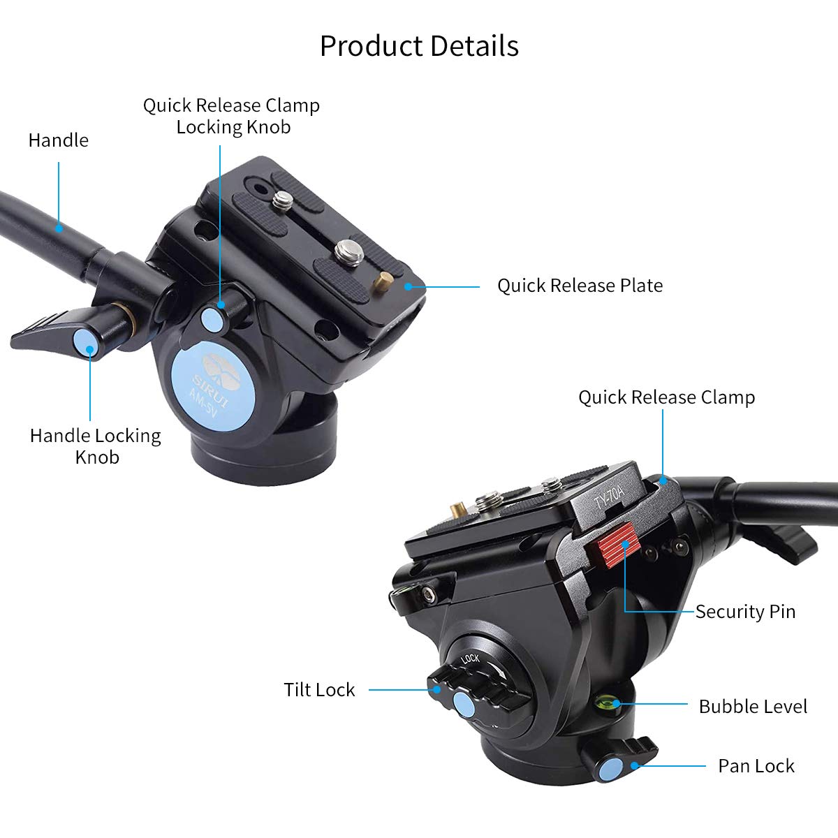 Sirui Fluid Video Head Am 5V, Lightweight Tripod Head With Quick Release Plate For Video Camera